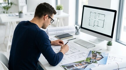 Obraz premium Architectural designer reviewing floor plans and house photos at a desk.