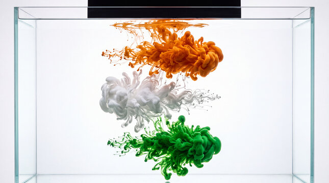 Vibrant orange, white, and green liquid paint suspended and flowing inside a transparent glass tank, creating an abstract artistic composition with colorful fluid movement.