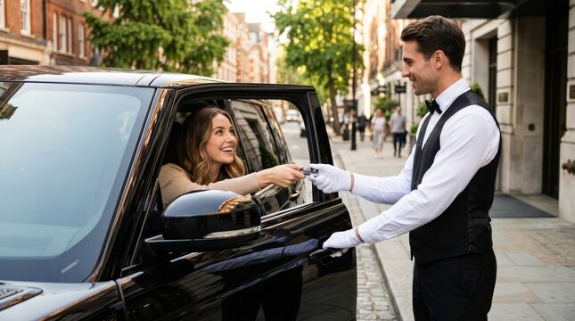 Professional valet attendant in white gloves receiving car keys from a woman in a vehicle.