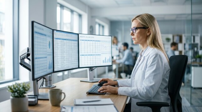 Medical billing specialist analyzing healthcare data and coding information on multiple computer screens.