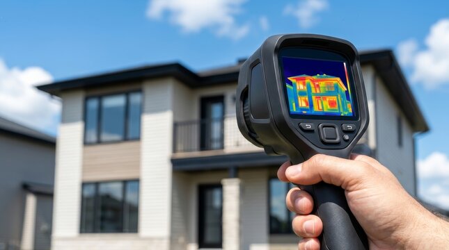Professional technician detecting house heat loss with a handheld infrared thermal imaging camera.