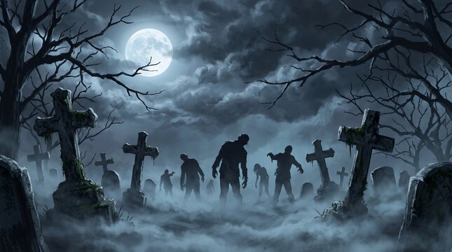 Zombie Rising Out Of A Graveyard cemetery In Spooky dark Night full moon. Holiday event halloween background concept.