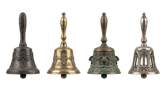 Set of four antique ornamental handbells isolated on transparent background