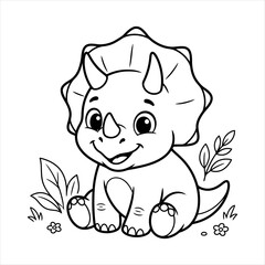 Cute baby triceratops dinosaur sitting in nature for children coloring book page line art illustration © MSTRESHMA