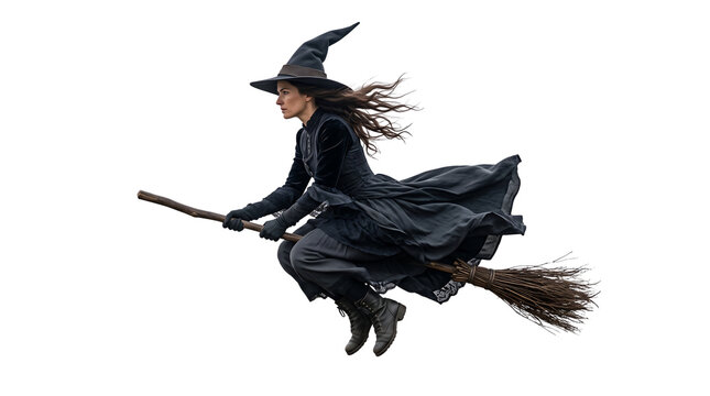 Flying witch on a broomstick isolated on transparent background