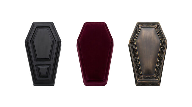 Three different styles of halloween coffins isolated on transparent background