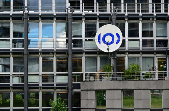 Geneva, Switzerland, Europe - 05.2026 : Satellite dish with logo on facade of head office of European Broadcasting Union, alliance of public service media organizations in European Broadcasting Area