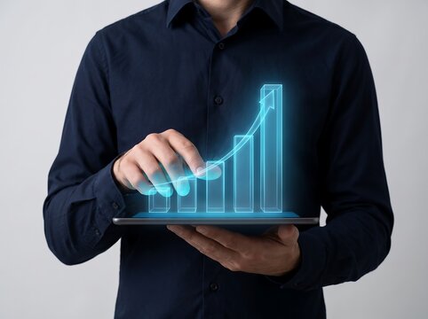 Businessman analyzing growth chart on tablet with glowing blue graph