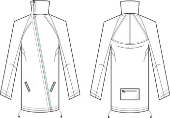 Unisex asymmetrical zip activewear windbreaker jacket technical flat sketch template front and back views for fashion tech pack © Lita Art