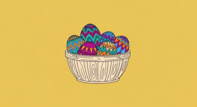 Hand-drawn vector illustration of a rustic wooden basket overflowing with colorful patterned Easter eggs on a solid yellow background