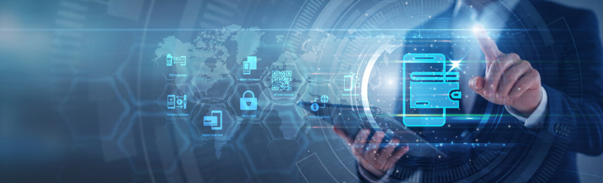 Financial expert pointing mobile wallets platform. Analyst using tab analyzing contactless digital transactions and e-wallet balance growth on hologram screen. Smart payment and mobile wallets.