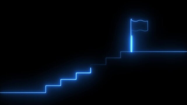 Glowing blue neon career growth steps with goal flag animation loop on dark black background for business success progression line art concept. Animation of 4k video.