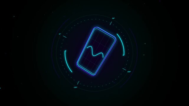 Neon blue digital interface with smartphone icon and sound wave signal on a dark background 4K Motion Video