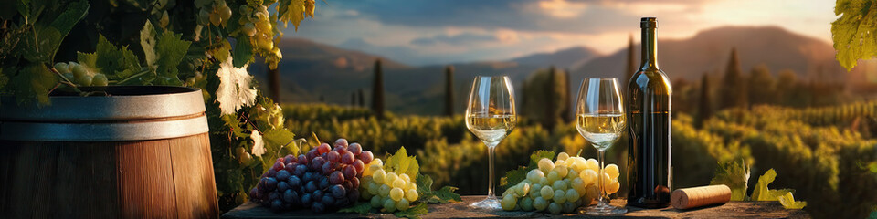 Fototapeta premium Chilled white wine glasses beside bottle on rustic wooden table with vineyard sunset view across rolling hills and warm golden light creating elegant outdoor tasting mood