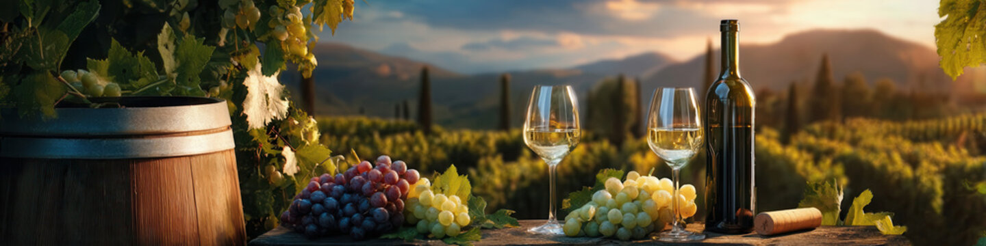 Chilled white wine glasses beside bottle on rustic wooden table with vineyard sunset view across rolling hills and warm golden light creating elegant outdoor tasting mood