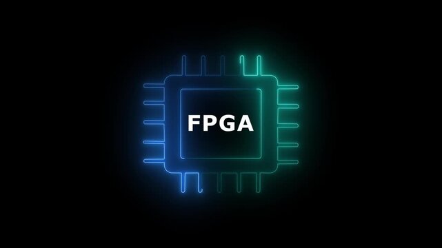 FPGA microchip processor line icon animation with glowing blue neon circuit contour loop on dark black background for hardware technology computing overlay. Animation of 4k video.