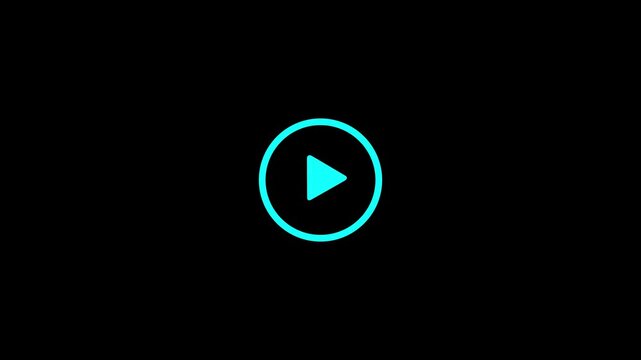 Cyan play button line icon animation minimalist video player symbol loop on black background for media interface overlay. 4k motion video.