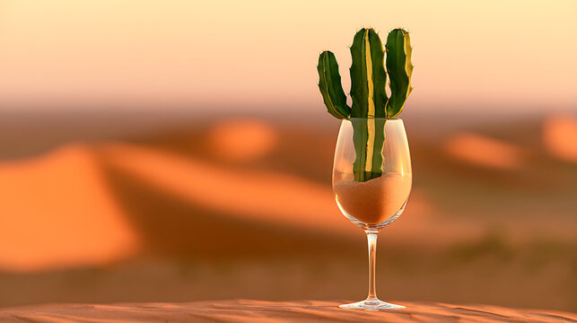 Cactus plant Cactaceae in a wine glass with sand in the desert at sunset, surreal conceptual photography with warm golden light tone