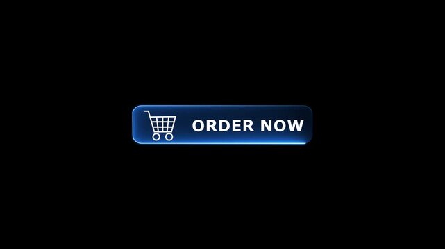 Order Now button UI concept animation with shopping cart line icon and glowing blue neon frame loop on black background for e-commerce website interface.4k motion video.