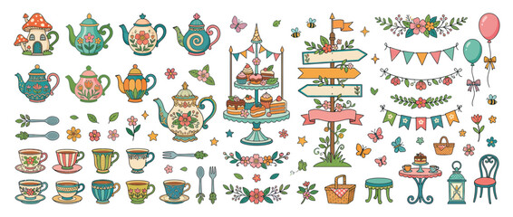 Fototapeta premium Whimsical Tea Party Elements Collection Isolated