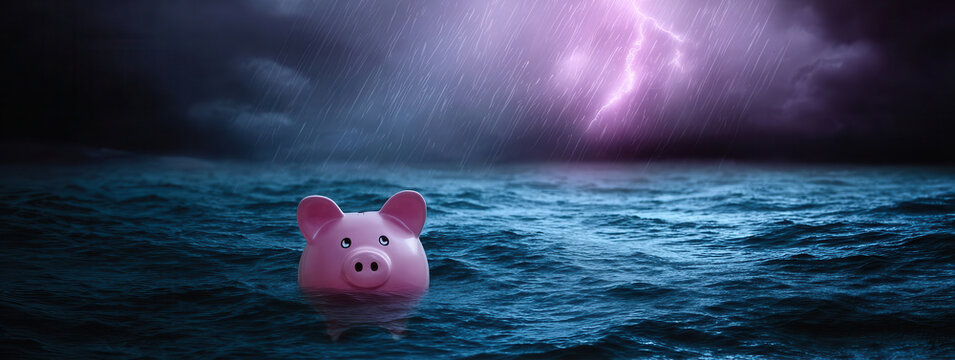 Pink piggy bank floating in rough dark ocean under storm clouds with distant lightning, dramatic high contrast scene suggesting financial danger, loss, uncertainty, and fragile savings