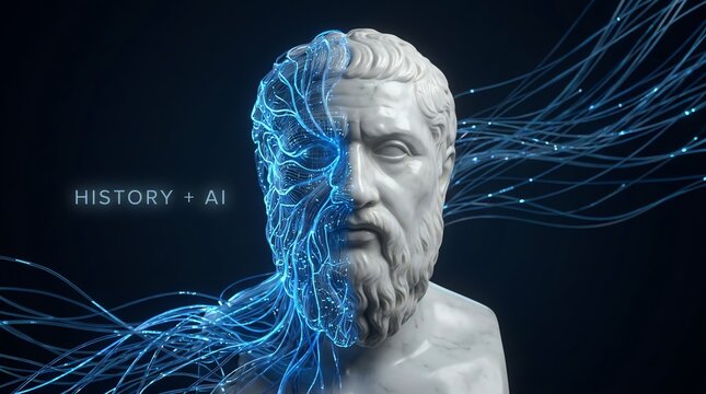 Ancient bust merging with digital network, representing history and AI connection