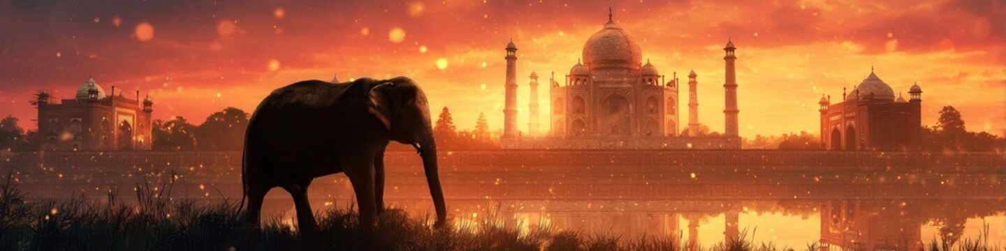 Silhouette of elephant walking past illuminated historic mausoleum beside river at sunset with orange sky, wide panoramic landscape, calm water, dramatic contrast