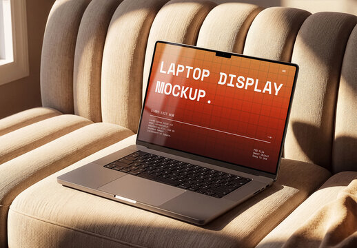 Laptop Mockup Screen On Textured Sofa In Warm Sunlit Interior
