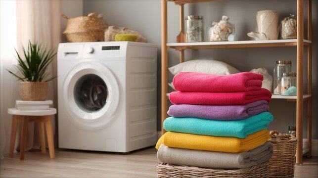 Interior home laundry room with stacked clean and dirty laundry baskets in front of modern front-load washing machine and bright teal wall, with laundry, washingmachine, clothe, basket detail