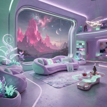 Spacious futuristic living room decorated in purple tones with large cosmic window view sci fi luxury home interior