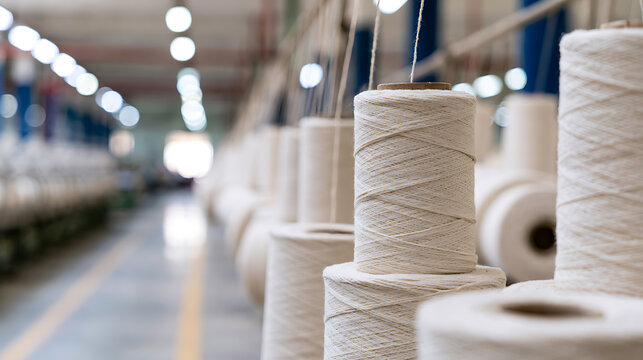 Industrial textile factory interior with rows of large white yarn spools and thread cones in a modern spinning mill for fabric production