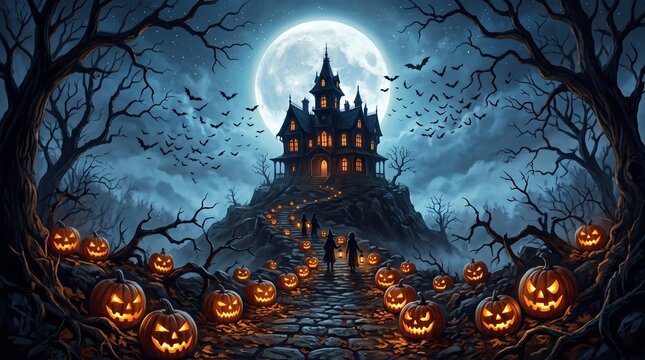 Halloween background with pumpkins and haunted house. Spooky dark night forest. Holiday event halloween banner background.
