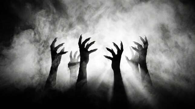 Shadow overlay effect for halloween background with Terrifying scary hands with long nails,Creepy monster claw,silhouette of hands,zombie hand rising out of a graveyard