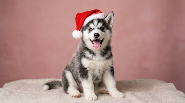 Adorable husky puppy wearing a santa hat sits on a fluffy white surface