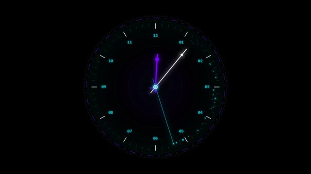 Modern glowing digital clock face showing time with blue and purple neon light effects on a dark background 4K Motion Video