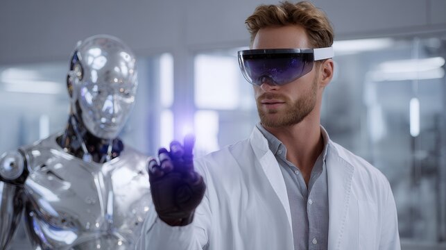 Man wearing immersive headset touching humanoid robot in futuristic lab under purple lighting, focused interaction, with man, headset, visor, virtual detail, showing reality, robot, humanoid