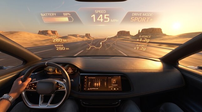 Futuristic Electric Car Driving Fast with Heads Up Display Interface