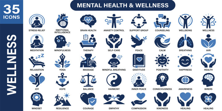  Mental health and wellness solid icon set. Featuring stress relief, emotional intelligence, brain health, anxiety control, and support group. Editable vector glyphs for counseling and wellbeing.