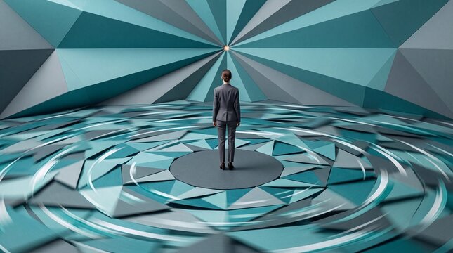 Businesswoman Standing in Center of Abstract Geometric Space