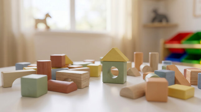 Colorful wooden building blocks on a table in a bright nursery room