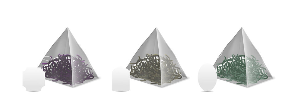 Pyramid tea bags filled with different colored tea leaves on transparent background