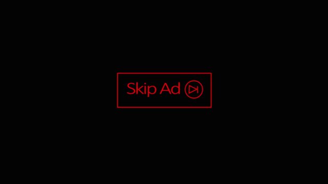 Red skip ad button with timer icon displayed on dark digital screen a bright rectangular ad featuring a fast forward