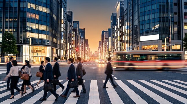Business Commuters Crossing Street in Modern City at Sunset