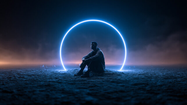 Solitary Man Sitting in Front of Glowing Neon Portal