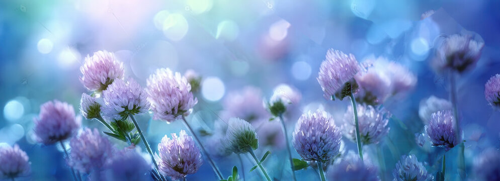 Pink clover blooms in dew covered spring meadow with soft blue bokeh, shallow focus, delicate stems, rounded flower heads, fresh morning light and calm natural color tones