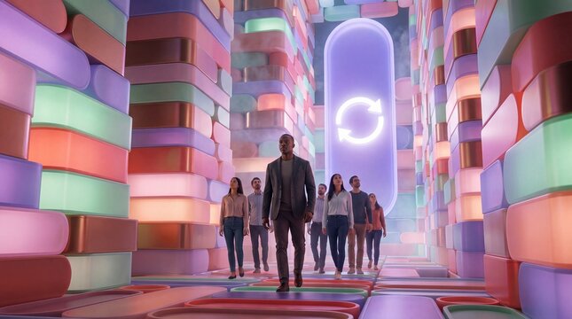Diverse Business Team Walking Towards Futuristic Digital Portal