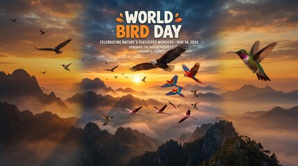 Fototapeta premium Flock of diverse birds flying over misty mountain landscape at sunrise with dramatic sky and distant peaks highlighting world bird day conservation and avian migration