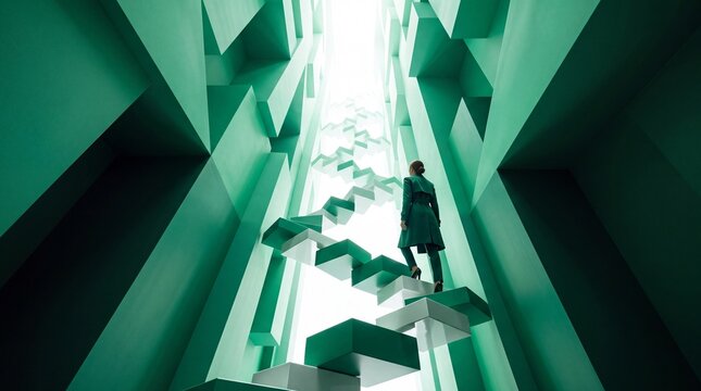 Businesswoman Ascending Geometric Staircase Toward Bright Light