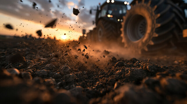Tractor Plowing Soil in Agricultural Field at Sunset