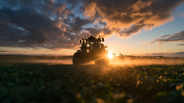 Tractor Working in Agricultural Field at Dramatic Sunset
